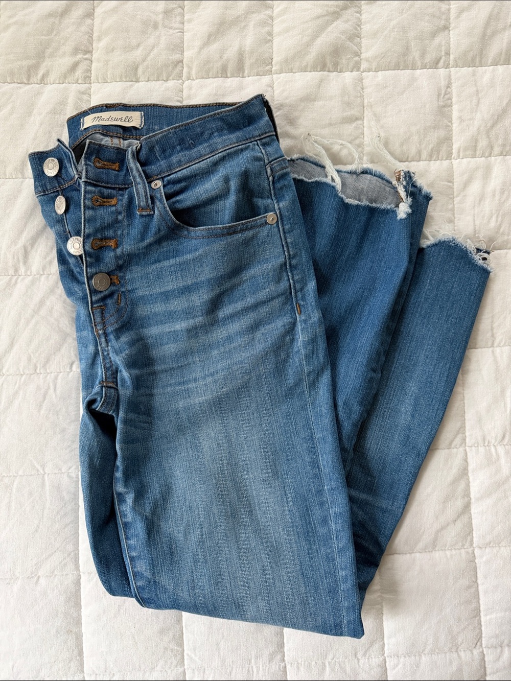 Madewell Distressed Hem High-Rise Blue Cropped Jeans